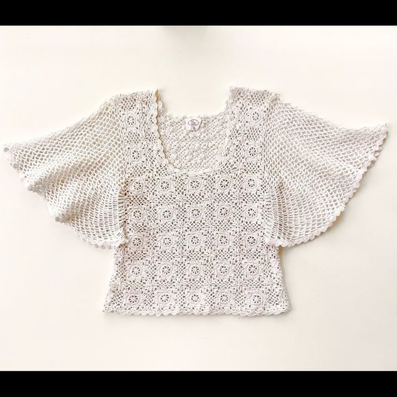 Vintage Ivory Cotton Crochet Angel Wing Bell Sleeve Top Sweater, Medium - Picture 5 of 7